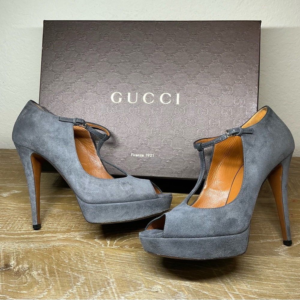 Gucci Betty Grey Suede Peep-Toe T-strap Platform Pump Womens Size 37.5 - Picture 2 of 14